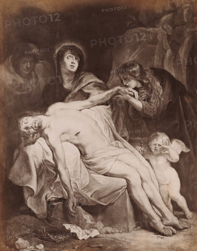 Photo reproduction of (presumably) a print after a painting by Anthony van Dyck, depicting the Lamentation of Christ, Kais. Gemälde-Galerie. Wien. A. v. Dyck. Pieta., photograph, reproduction, Part of Travel Album with photos of sights in Germany and Austria and of artworks., name: '...', negative number: '792', after print by anonymous, after painting by Anthony van Dyck, c. 1870 - c. 1900, photographer, after print by, paper, albumen print, height 257 mm x width 193 mm, lamentation over the dead Christ by his relatives and friends (Christ usually without crown of thorns), A monochrome painting shows a lifeless male figure draped with cloth, his head tilted back and eyes closed, his arm hanging limp; a veiled woman behind him looks upward with a halo-like glow around her head, and another woman leans forward to kiss the man's hand while holding it; a small cherub-like child stands beside the deceased, touching its face and holding a small object, with a second faint winged figure in t...