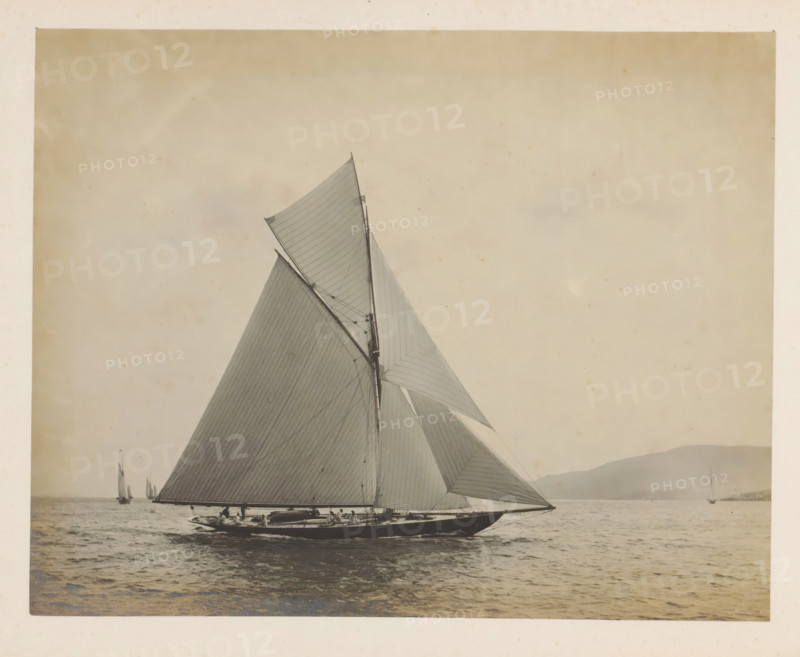 Sailing ship the Queen at sea with other sailing ships and a hill in the background, album page, photograph, This photo is part of an album., check stamp: 'Adamson, Rothesay.H.B', photographer: James Adamson, c. 1880 - c. 1900, paper, gelatin silver print, developed gelatin silver print, height 219 mm x width 277 mm, sailing-ship, sailing-boat, landscapes with waters, waterscapes, seascapes (in the temperate zone), (high) hill, A large sailboat with tall, triangular sails occupies the foreground, its dark hull cutting through calm water while crew members sit along the deck; thin rigging lines run across the sails which display fine, parallel seam lines; smaller sailboats appear in the distance on both sides and a low, hazy shoreline with gentle hills is visible along the right horizon beneath an even, light-colored sky.