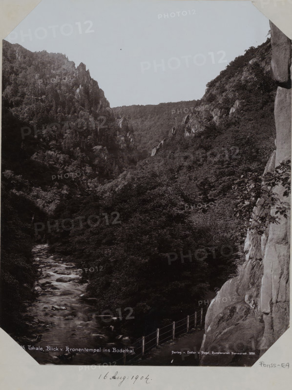View of the Bodethal in Thale, album page, photomechanical print, This print is part of an album., inscription: '3595. Thale, Blick . Kronentempel ins Bodethal., Verlag v. Zedler u. Vogel, Kunstanstalt Darmstadt 1898', publisher: Zedler und Vogel, Darmstadt, 1898, Hessen, paper, collotype, photogravure, height 258 mm x width 355 mm, ravine, chasm, abyss, canyon, Harz, A black and white photograph showing a narrow river flowing through a densely wooded valley flanked by steep rocky cliffs, with tree-covered slopes rising on both sides and jagged rock outcrops visible along the ridgelines, a rocky cliff face occupying the right foreground with a railing running along a path at its base, and an expanse of sky above the valley.