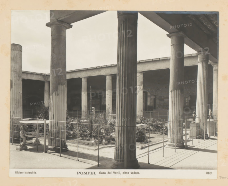 Pompeii. Casa dei Vetii, altra veduta, House of the Fat Ones in Pompeii, photograph, Part of Photo album with photographs of sights and works of art in Italy., number: '8631', Pompeii, c. 1875 - in or before 1907, photographer, paper, gelatin silver print, height 193 mm x width 242 mm, ruin of a building, architecture, housing, House of the Fat Ones, A sepia-toned photograph showing a colonnaded courtyard with tall fluted columns supporting an overhead entablature and roof structures, a low fence running along the foreground, stone pedestals and small statues positioned near the columns, planted beds with spiky and bushy foliage within the courtyard, shadow patterns cast across the tiled floor, and portions of interior wall surfaces and doorways visible beyond the colonnade.