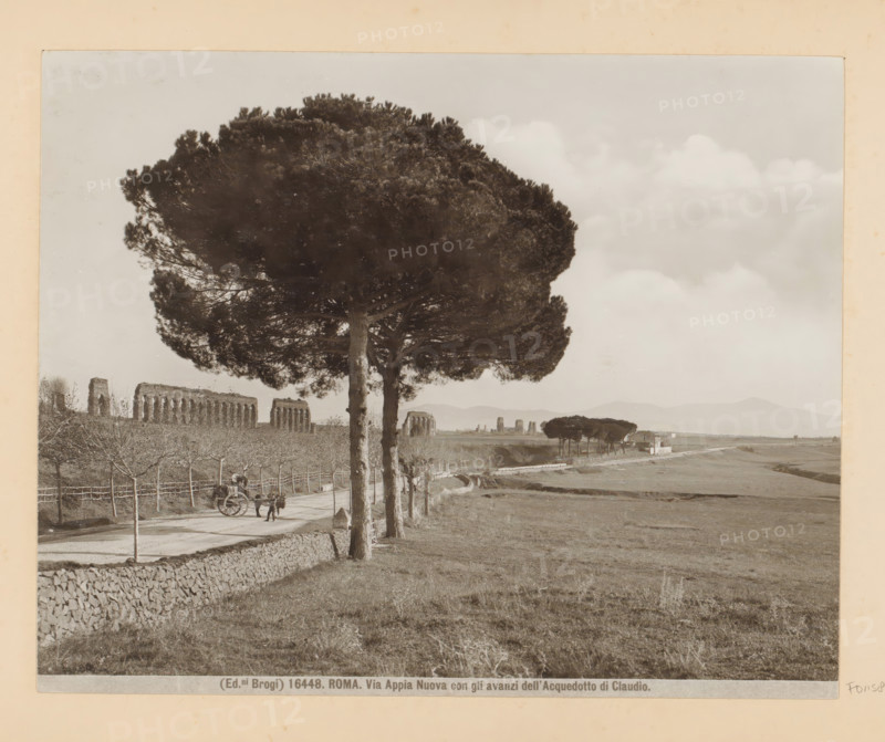 View of the Via Appia Nuova near Rome, with the ruins of the Aqua Claudia, ROMA, in the background. Via Appia Nuova con gli avanzi dell'Acquedotto di Claudio, photograph, Part of Photo album with recordings of sights and works of art in Italy., number: '16448', photographer: Edizioni Brogi, Via Appia Nuova, c. 1875 - in or before 1907, Edizioni Brogi, photographer, paper, gelatin silver print, developing gelatin silver print, height 200 mm x width 250 mm, public road, landscape with bridge, viaduct or aqueduct, Rome, Aqua Claudia, A wide landscape photograph shows a dirt road lined with tall umbrella-shaped trees with dense canopies, a stone wall running alongside the road, and a horse-drawn cart with a person standing beside it; in the middle ground there are ruined stone arches of an aqueduct stretching across the scene, with additional smaller trees and a building further along the road; the foreground is an open grassy field, and the sky above is filled with soft, pale clouds.