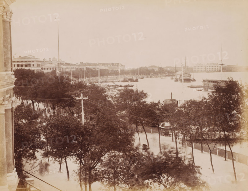 View of The Bund of Waitan in Shanghai, photograph, annotation: 'Shanghai-The Bund', Shanghai, 1850 - 1900, photographer, paper, pasteboard, albumen print, height 235 mm x width 310 mm, city-view in general, 'veduta', avenue, boulevard, promenade, esplanade (city(-scape) with figures, staffage), A sepia-toned waterfront scene showing a tree-lined promenade in the foreground with tall leafy trees and a curved walkway bordered by short posts, a carriage partially visible beneath the trees, a utility pole with wires stretching across the view, a row of docked boats and larger vessels along the water, several masts rising from the boats, a quay with buildings and ornate facades behind the trees, and a section of a columned building visible at the left edge of the image.
