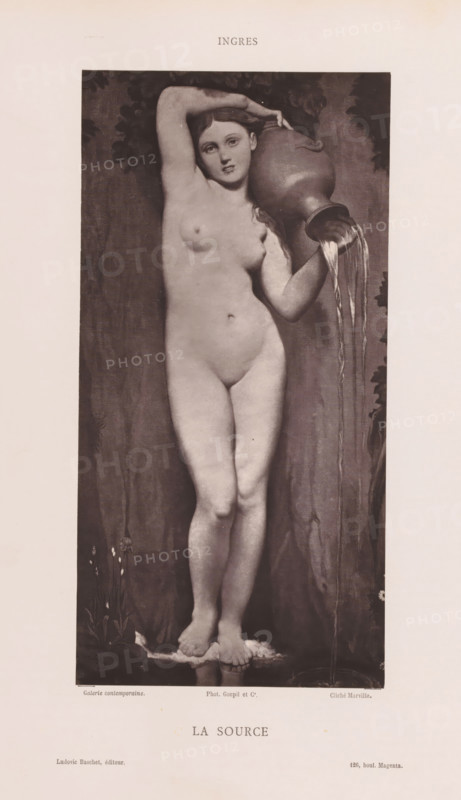 Portrait of Jean Auguste Dominique Ingres, page, photomechanical print, cliché maker: attributed to Goupil & Cie., c. 1873 - in or before 1878, photographer, Attributed to, paper, Woodburytype, Woodburytypepie, height 118 mm x width 86 mm, Person, Jean Auguste Dominique Ingres, historical persons, adult man, A grayscale image of a standing nude woman in a vertical rectangular frame, holding a large rounded vessel on her shoulder with one hand while water streams from its mouth and falls downward; she has one arm raised and bent with her hand resting on her head, long hair falling over one shoulder, a neutral facial expression, and bare feet positioned close together on a small patch of ground with plants at the base; the framed scene is surrounded by a wide light-colored margin.