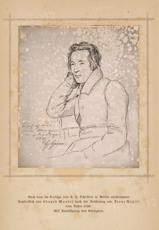 Photo reproduction of an etched portrait of Heinrich Heine by Eduard Mandel after a drawing by Franz Kugler, photograph, reproduction, page, inscription: 'Nach dem im Verlage von EH Schröder in Berlin erschienenen, Kupferlicht von Eduard Mandel nach der Zeichnung von Franz Kugler, vom Jahre 1829., Mit Bewilligung des Verlegers.', photographer: Edouard Heinrich Schröder, after print by Eduard Mandel, after drawing by Franz Kugler, c. 1881 - in or before 1886, Eduard Mandel, after print by, paper, baryta paper, daylight gelatin silver print, height 104 mm x width 88 mm, Photo opposite title page., Person, Heinrich Heine, portrait of a writer, A sepia-toned portrait drawing shows a seated person with short wavy hair, wearing a high-collared coat and a tie-like garment, resting one hand against the side of their face while the other arm lies across their lap; the drawing is framed by a mottled, spotted background and set within a bordered page that has discoloration and age marks around th...