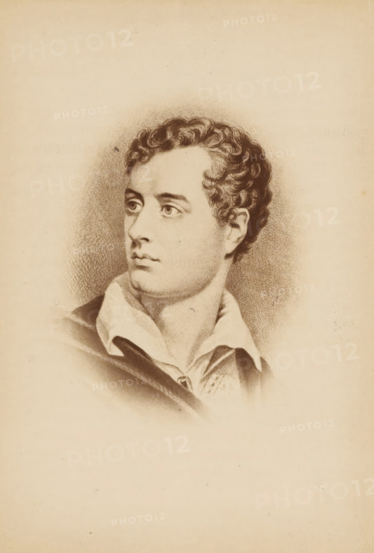 Photo reproduction of a drawn portrait of Lord Byron, Lord Byron, photograph, reproduction, page, number: '13', after drawing by anonymous, c. 1874 - in or before 1879, photographer, paper, albumen print, height 130 mm x width 90 mm, Photo on unnumbered page opposite page 13., Person, historical persons, portrait of a writer, writer, poet, author, A sepia-toned portrait of a man shown from the shoulders up, facing slightly left with his gaze directed off to the left side of the image; he has short, wavy hair and a smooth complexion rendered in fine shading, defined eyebrows, and prominent eyes with a calm expression, a straight nose, and closed lips. He wears a collared shirt with a visible fold and an outer garment draped over one shoulder, the clothing depicted with soft shading and subtle folds. The portrait is centered on a light, aged paper background with darker vignette shading around the head and shoulders, and a narrow margin of plain paper surrounding the portrait.