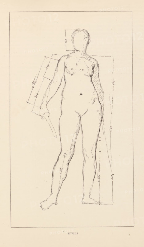 Portrait of Edouard de Beaumont, Edouard de Beaumont, page, photomechanical print, photographer: Wilhelm Benque, cliché maker: anonymous, c. 1879 - in or before 1884, paper, Woodburytype, height 120 mm x width 85 mm, Person, historical persons, A vertical sketch of a nude figure facing forward within a rectangular frame, drawn in thin, dark lines on a light beige background, showing an outline of the head without facial features, a torso with breasts and a small mark at the abdomen, arms relaxed with one hand holding an elongated object, and legs extending down to bare feet; faint measurement lines and small tick marks appear around the figure and along the sides and head, and a small printed word is centered below the framed drawing.