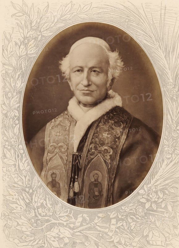Photo reproduction of a painted portrait of Pope Leo XIII, Leo XIII, Papst, photograph, reproduction, page, after painting by anonymous, c. 1875 - in or before 1880, photographer, paper, albumen print, albumendruk, height 188 mm x width 142 mm, Photo on unnumbered page., Person, historical persons, pope, An oval-framed, sepia-toned portrait of an older man shown from the chest up wearing ornate clerical vestments with embroidered panels and a fur-trimmed collar, his hair light and slightly wavy at the sides with a smooth, rounded forehead, a calm facial expression, and a decorative tassel hanging from his garment; the oval is surrounded by a detailed pencil-like floral and foliage border with leaves and blossoms.