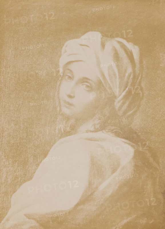 Roma - Beatrice Cenci - G. Reni, Photo reproduction of a portrait of Beatrice Cenci by Guido Reni, photograph, reproduction, page, number: '175', after painting by Guido Reni, c. 1883 - in or before 1888, photographer, paper, albumen print, height 137 mm x width 94 mm, Photo on page 53., Person, Beatrice Cenci, historical persons - BB - woman, Rome, A sepia-toned portrait of a young person turned slightly away but looking back over their shoulder, wearing a draped head covering and loose clothing, with soft facial features and wavy hair visible at the nape, set against a textured darker background.