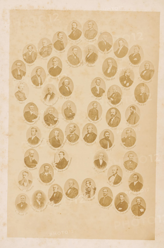 50 portraits of attendees at the international congress of the Evangelical Alliance in Amsterdam in 1867, page, photocollage, c. 1855 - in or before 1867, photographer, paper, albumen print, height 199 mm x width 130 mm, Photo on seventh unnumbered page after page 904., Person, Johannes Petrus Hasebroek, Anthony Brummelkamp, Bovet, F., Burrows, Baxter, M., Kögel, Cassel, Paulus, Huet, P., Fisch, G., Jamieson, JW, Davis, J., Gagnebin, F.A., Schmettau, H., Dhombres, E., General Alexander, Lord Radstock, Rognon, L., mrs. Daniell, Andreas Bernstorff, JJ Curie, RA Macfie, JJ van Vollenhoven, H. van Hogendorp, EE Bliss, WE Malcolm, Frans Godard van Lynden van Hemmen (baron), Ph. A. Röntgen, Denis Wortman, Gawin Kirkham, H. Bouvier, Thomas Boyajian, JA van Schuurman Johsz, Samuel Hanson, JA Singendonck, Cyrus Hamlin, WE Shipton, JJ Badius, Fr. Tucker, Alexandre Lombard, John Finch, A. Ludvig Brandt, TM Looman, E. van Weede van Dijkveld, J. Adrien Naville, Samuel Gurney, JW Prime, SH Pettingel...