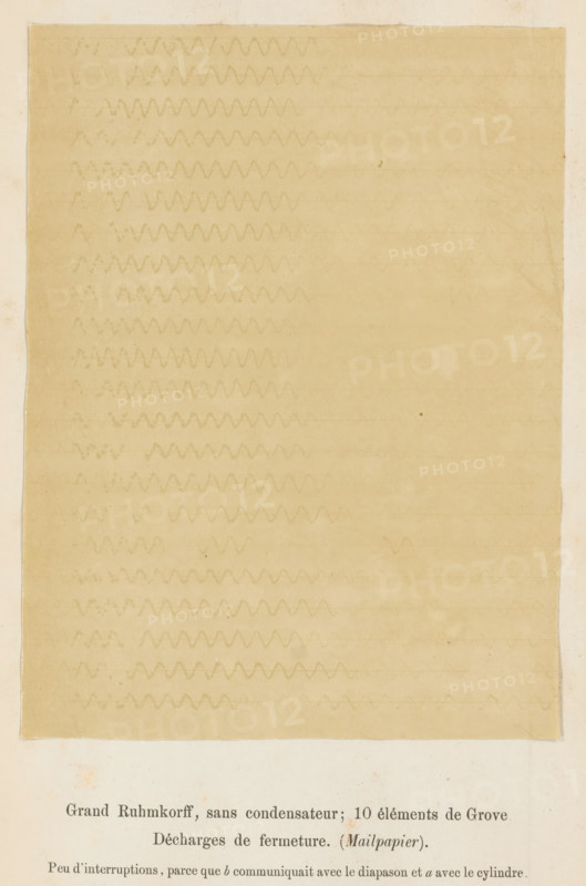 Grand Ruhmkorff, sans condensateur, 10 elements de Grove, Discharges de fermeture (Mail paper), Registration of electricity waves generated by a spark inductor, photograph, page, number: 'Pl. 11*.', inscription: 'Peu d'interruptions, parce que b communiquait avec le diapason et avec le cylindre.', photographer: Willem Cornelis van Dijk, c. 1865 - in or before 1870, Willem Cornelis van Dijk, photographer, paper, albumen print, height 154 mm x width 115 mm, Photo on third unnumbered page after page 368., electrical phenomena, A large rectangular sheet with a faded beige tone fills most of the image, showing faint horizontal wavy lines across its surface and slightly darker edges, set against a paler background; the bottom edge of the sheet borders a lighter area where a small portion of printed text is visible but not described.