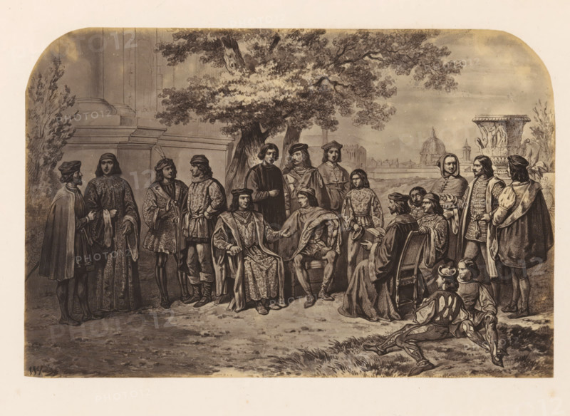 Photo reproduction of a print of the court of Lorenzo I de'Medici, photograph, reproduction, page, photographer: Willem Adrianus van Hoek, after print by anonymous, c. 1856 - in or before 1861, Willem Adrianus van Hoek, photographer, after print by, paper, albumen print, height 140 mm x width 212 mm, Person, Lorenzo de' Medici (I), family of a ruler, and court, A sepia-toned illustration shows a group of people gathered outdoors in front of architectural columns and a large tree, with a distant dome and buildings visible on the horizon; the figures wear historical clothing including long robes, capes, tunics, and hats, and several stand while others sit on chairs or the ground, with one seated central figure placed slightly forward and another seated beside him holding a document; to the right a large decorative urn sits near standing figures and a person in a hooded cloak, while a few individuals appear engaged in conversation or reading, and a person in the foreground reclines on the...