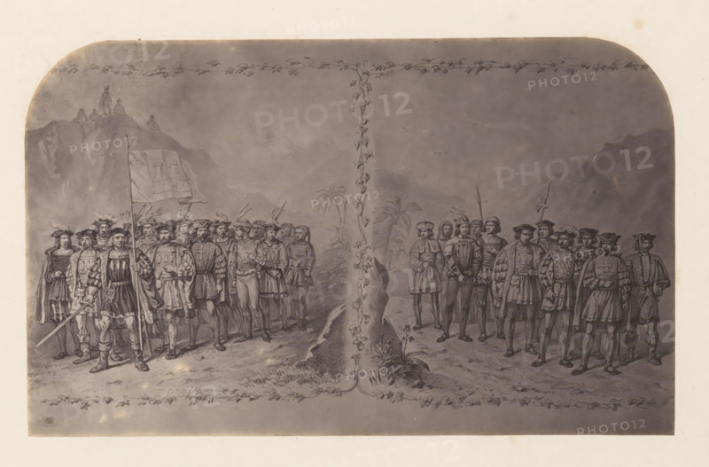 Photo reproduction of a print of Christopher Columbus and Vasco da Gama with their troops, photograph, reproduction, page, photographer: Willem Adrianus van Hoek, after print by anonymous, c. 1856 - in or before 1861, after print by, paper, albumen print, height 123 mm x width 202 mm, Person, Christopher Columbus, Vasco da Gama, land forces, exploration, expedition, voyage of discovery, A monochrome illustration shows two groups of people facing forward on either side of a vine-covered vertical column that divides the scene, with decorative vine borders along the top and bottom edges. On the left side, a group of figures wearing period clothing and hats stand in formation on a rocky path, one figure holding a tall flagpole and another holding a sword, with a mountainous background and small silhouettes of figures on a distant ridge. On the right side, another group of similarly dressed figures stand in a looser formation on uneven ground, some holding spears or staffs, with palm-like p...