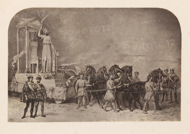 Photo reproduction of a print of an allegory on the origin of free thought, photograph, reproduction, page, photographer: Willem Adrianus van Hoek, after print by anonymous, c. 1856 - in or before 1861, after print by, paper, albumen print, height 139 mm x width 212 mm, 'Philosophia', 'Filosofia' (Ripa), A grayscale illustration shows a procession with a platform on wheels draped in fabric and decorated with a large chair under a small temple-like canopy, next to a standing female figure holding a torch and a wreath and a reclining lion at the platform base; several young men in tunics lead a team of horses in front of the platform while other figures in period clothing stand nearby, some conversing and some holding reins, and two torches on stands emit smoke beside the platform.