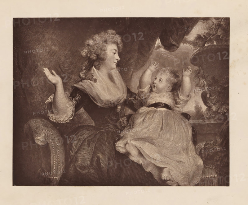 Reproduction of an engraving after the painting The beautiful duchess by Joshua Reynolds, reproduction, page, photomechanical print, photographer: Godfrey Wordsworth Turner, cliché maker: anonymous, after print by anonymous, after painting by Joshua Reynolds, c. 1866 - in or before 1871, after print by, paper, Woodburytype, Woodburytypepie, height 121 mm x width 156 mm, Print on second unnumbered page after page viii., mother and baby or young child, print, eg: engraving, etching, lithograph, A seated woman with curly hair wearing a dress with a wide collar and lace cuffs looks toward a child in her lap, the child reaching upward with both arms and wearing a light-colored dress; the woman’s left arm is raised with her palm open, and her right arm supports the child. They sit on a patterned upholstered chair with a scroll arm, and behind them a draped curtain and a background with foliage and a rounded architectural element are visible. The image is monochrome with fine engraved shading...