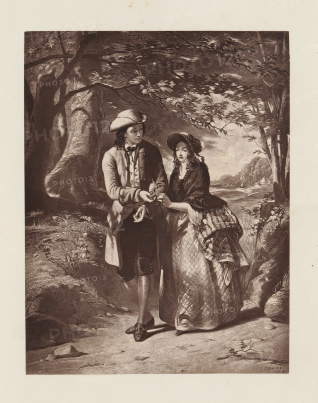 Photo reproduction of an engraving after the painting The village rose by Thomas Brooks, reproduction, page, photomechanical print, photographer: Godfrey Wordsworth Turner, cliché maker: anonymous, after print by anonymous, after painting by Thomas Brooks, c. 1866 - in or before 1871, after print by, paper, Woodburytype, height 156 mm x width 120 mm, Print on third unnumbered page after page 48., print, eg: engraving, etching, lithograph, arm in arm (lovers), A monochrome engraving shows a man and a woman standing close together on a tree-lined path. The man wears a brimmed hat, a long coat, knee-length breeches, high stockings, and buckled shoes, and he looks toward the woman while extending his hands. The woman wears a wide-brimmed bonnet, a shawl draped over her shoulders, and a patterned full skirt, and she gazes down while holding something offered by the man. Surrounding them are large trees with overhanging branches and foliage, a textured forest floor with rocks and plants, and...