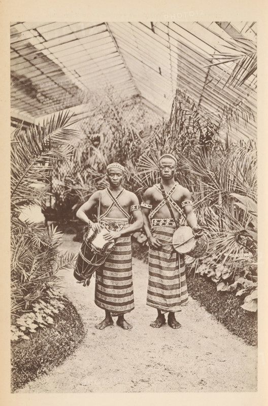 Portrait of two unknown men from Dahomey with drums in the Jardin d'acclimatation, Paris, Les Dahoméens au jardin d'acclimatation, page, photomechanical print, photographer: Maurice Bucquet, cliché maker: Rouillé, c. 1886 - in or before 1891, paper, collotype, photoprint, height 178 mm x width 119 mm, Print on unnumbered page., historical persons not known by name, drum (musical instrument), greenhouse, orangery, Jardin d'acclimatation, Two barefoot men stand side by side on a path lined with plants, each wearing patterned wrap skirts and crisscrossed beaded chest straps, headbands, and arm bands; both hold drums suspended by straps, with one drum held at the side and the other positioned in front, and a glass-roofed structure with large fronds and foliage fills the background.