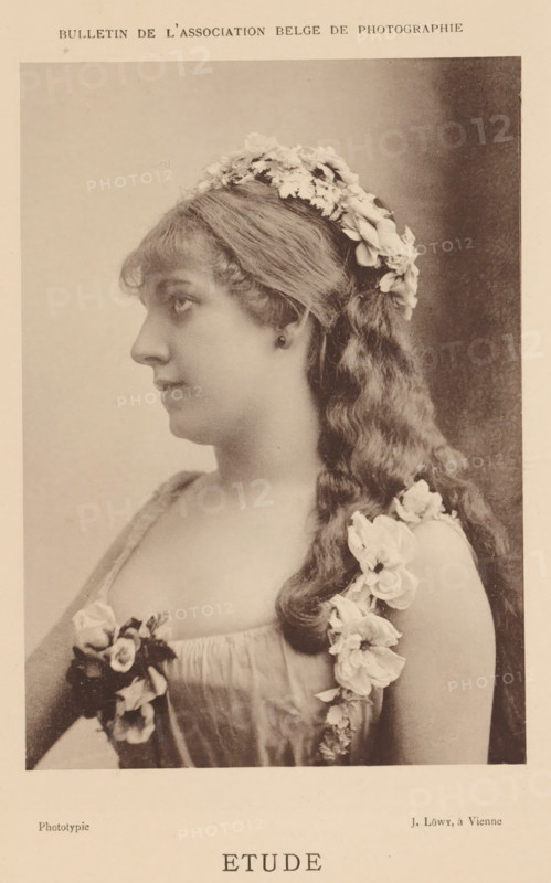 Etude, Portrait of an unknown woman with a flower wreath, page, photomechanical print, photographer: Josef Löwy, Vienna, c. 1883 - in or before 1888, printer (person), Lower Austria, paper, collotype, photoprint, height 148 mm x width 104 mm, Print on unnumbered page., flowers, adult woman, historical persons not known by name - BB - woman, A sepia-toned portrait of a young woman shown in profile facing left, with long wavy hair cascading over her shoulder and adorned with a garland of flowers on her head and along her dress strap; she wears a sleeveless, low-cut gown with floral decorations at the bodice, a small earring, and a calm, neutral expression against a plain, softly shaded background.