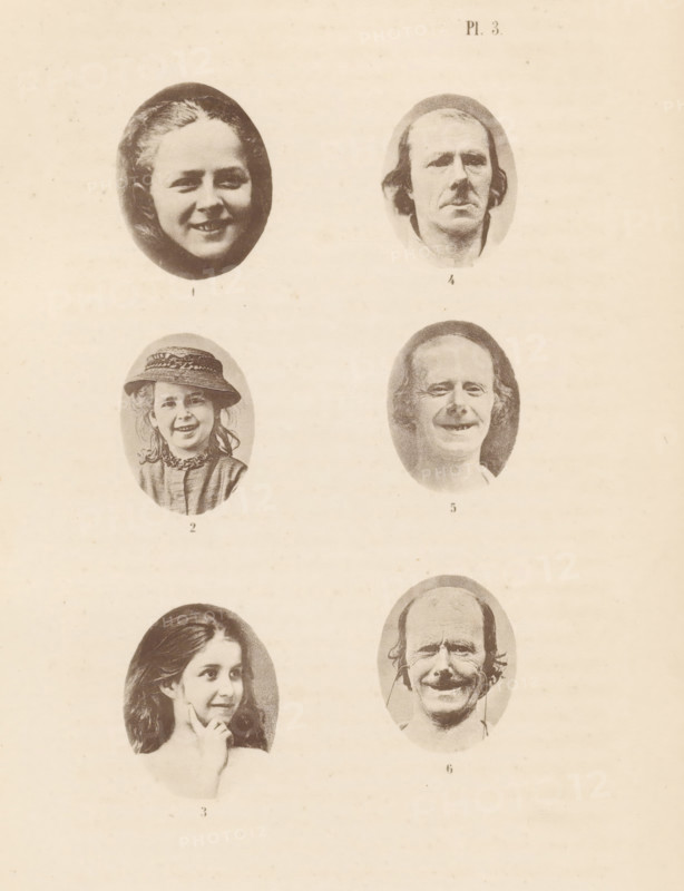 Overview of six photographs illustrating people with different facial expressions, page, photomechanical print, inscription: 'Pl. 3.', photographer: Oscar Gustave Rejlander, photographer: George Charles Wallich, photographer: Adrien Tournachon, clichémaker: anonymous, c. 1868 - in or before 1873, paper, collotype, photoprint, height 170 mm x width 110 mm, Photo on page 220., historical persons, morphology of facial expression, A pale sheet with a vertical arrangement of oval vignette portraits showing faces of different people, including young girls and older men; the top left vignette shows a smiling girl with hair pulled back, the top right shows a man with a mustache and medium-length hair, the second row left shows a girl wearing a hat and smiling, the second row right shows an older woman smiling, the third row left shows a young girl with long hair resting her chin on a hand, and the third row right shows a smiling older man with glasses hanging from his face; the portraits are p...