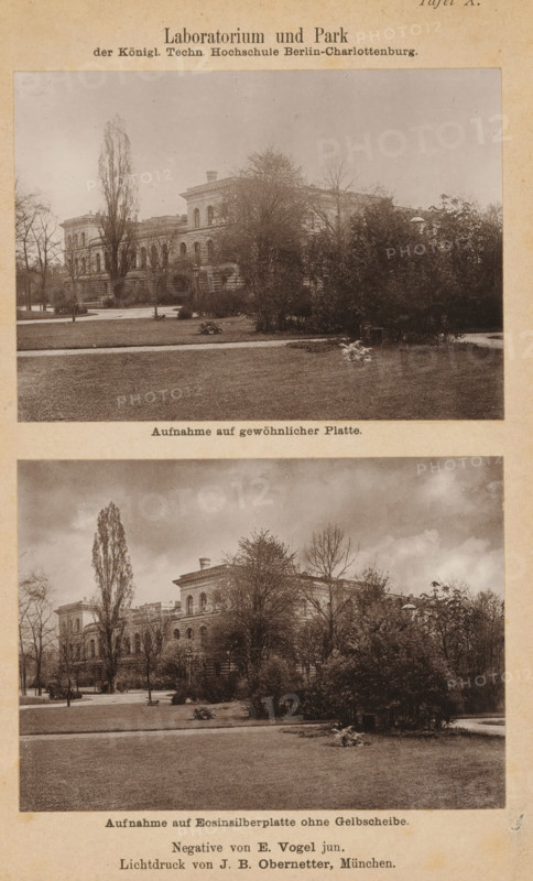 View of the laboratory of the Royal Technical College Charlottenburg, Laboratorium und Park der Königl. Techn. Hochschule Berlin- Charlottenburg, page, photomechanical print, inscription: 'Aufnahme auf Eosinsilberplatte ohne Gelbscheibe.', number: 'Tafel Obernetter, Munich, c. 1885 - in or before 1890, E. Vogel, Johann Baptist Obernetter, photographer, clichémaker, printer (person), Bavaria, Berlin, Charlottenburg, Attributed to, paper, collotype, photogravure, height 78 mm x width 108 mm, Print on second unnumbered page before title page., exterior, representation of a building, university, Royal Technical University Charlottenburg, A vertical sheet shows two sepia-toned photographs stacked one above the other, each depicting a large classical building partially obscured by trees and shrubs in a park-like setting; the building has arched windows and a decorative cornice, and tall deciduous trees rise beside and in front of it. The foreground in both photos shows a grass lawn with trim...