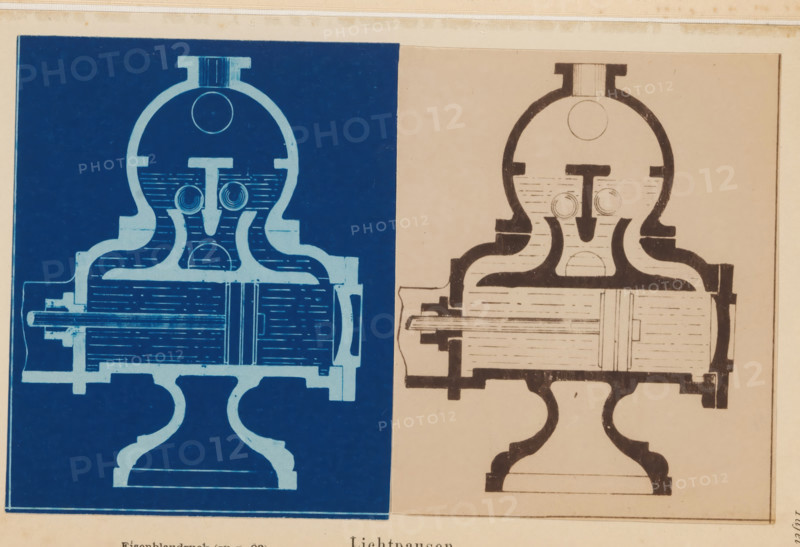 Cross-section of a machine, Light pauses, photograph, page, inscription: 'Eisenblaudruck (zu p. 83)', number: 'Tafel II.', inscription: 'von Gustav Werner Nachfolger, Oranienstr. 183, Berlin.', photographer: Gustav Werner, 1885 - 1890, paper, cyanotype, height 110 mm x width 89 mm, Photo on third unnumbered page after page 351., section, architectural design or model, parts of machines, A close-up of two adjacent printed diagrams showing a symmetrical mechanical cross-section, one in a dark blue with light blue lines on the left and one in light beige with dark brown lines on the right, each depicting a rounded upper chamber with circular features and a central vertical element leading into a horizontally ribbed cylindrical component, supported by a decorative curved pedestal base; the images occupy most of the frame with a narrow beige border around them and a strip of worn paper visible at the top.