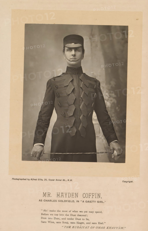 Portrait of Mr.Hayden Coffin, Mr.Hayden Coffin as Charles Goldfield in 'A Gaiety Girl', photograph, page, inscription: ''Ah! make the most of what we yet may spend, ', inscription: ''The Theater' June 1894', photographer: Alfred Ellis, c. 1889 - in or before 1894, Alfred Ellis, photographer, paper, carbon print, height 117 mm x width 88 mm, Person, Charles Hayden Coffin, historical persons, adult man, A sepia-toned portrait of a person standing and facing forward, wearing a dark uniform with decorative embellishments down the front and embroidered sleeves, a high collar, and a flat-topped hat; the person holds a twisted rope or cord with gloved hands at hip level, and the image is mounted on a lighter matte with a plain background behind the figure.