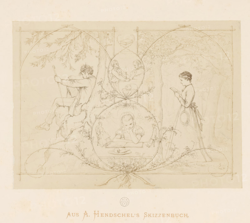 Photo reproduction of a sketch of various reading figures by Albert Hendschel, From A. Hendschel's Sketchbook, photograph, reproduction, This photo is part of a cover with 50 photos on 48 sheets, a list of images and a title page., monogram: 'AH', photographer: Theodor Huth, after drawing by Albert Hendschel, publisher: Ferdinand August Christian Prestel, Frankfurt am Main, c. 1865 - in or before c. 1870, Theodor Huth, Albert Hendschel, Ferdinand August Christian Prestel, photographer, after drawing by, publisher, Hesse, paper, albumen print, height 132 mm x width 180 mm, adult woman, adult man, reading, A sepia-toned line drawing framed by decorative curved lines shows a scene with trees and foliage in the background, a seated child at a table leaning on one hand while looking at an open book with a plate and fruit nearby, a standing young woman in a long dress reading from a small book and holding a round object at her side, a seated man wearing a hat and holding a staff while readin...