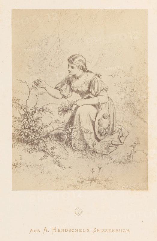 Photo reproduction of a sketch of a girl picking flowers by Albert Hendschel, From A. Hendschel's Skizzenbuch, photograph, reproduction, This photo is part of a cover with 50 photos on 48 sheets, a list of images and a title page., monogram: 'AH', photographer: Theodor Huth, after drawing by Albert Hendschel, publisher: Ferdinand August Christian Prestel, Frankfurt am Main, c. 1865 - in or before c. 1870, Theodor Huth, Albert Hendschel, Ferdinand August Christian Prestel, photographer, after drawing by, publisher, Hesse, paper, albumen print, height 172 mm x width 130 mm, adolescent, young woman, maiden, picking flowers, A sepia-toned drawing of a young woman kneeling on grass beside low shrubs and a thorny plant, her hair braided and tied with a ribbon, wearing a short-sleeved dress with a fitted bodice and a gathered skirt, one arm extended to touch a flower while the other holds a small bunch of plants and rests near a wide-brimmed hat with round decorations that sits against her sk...