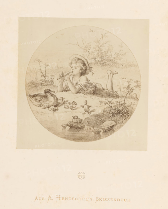 Photo reproduction of a reclining child playing a flute by Albert Hendschel, From A. Hendschel's Sketchbook, photograph, reproduction, This photo is part of a cover with 50 photos on 48 sheets, a list of images and a title page., monogram: 'AH', photographer: Theodor Huth, after drawing by Albert Hendschel, publisher: Ferdinand August Christian Prestel, Frankfurt am Main, c. 1865 - in or before c. 1870, Theodor Huth, Albert Hendschel, Ferdinand August Christian Prestel, photographer, after drawing by, publisher, Hesse, paper, albumen print, height 130 mm x width 130 mm, child, lying figure, one person playing wind instrument - CC - out of doors, A circular pencil drawing centered on a pale rectangular background depicts a child lying on their stomach in grass, wearing a loose shirt and a wide-brimmed hat, with legs bent at the knees and feet raised. The child holds a small flute to their lips and looks toward a group of waterfowl nearby. A larger duck reclines at the water's edge while...