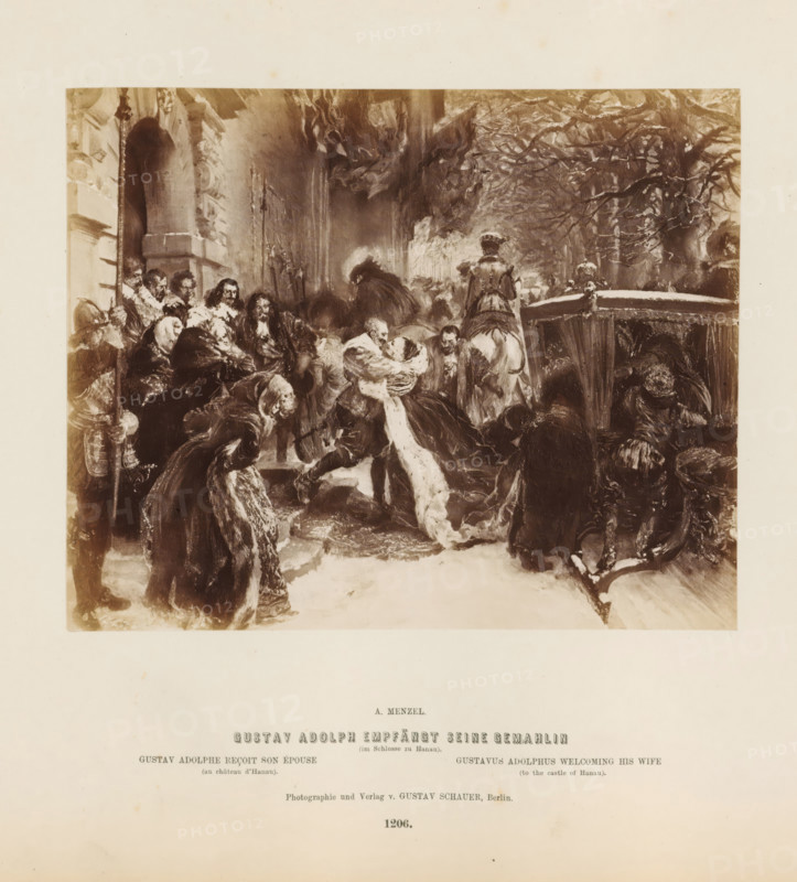 Photo reproduction of a painting of Gustav II Adolf receiving his wife by Adolph Menzel, Gustav Adolph empfängt seine Gemahlin, photograph, reproduction, page, number: '1206.', photographer: Gustav Schauer, Berlin, after painting by Adolph Menzel, c. 1863 - in or before 1868, paper, albumen print, albumendruk, height 140 mm x width 173 mm, Photo on seventh unnumbered page after page 26., Person, Gustav II Adolf (King of Sweden), ruler, sovereign, lovers' meeting, A sepia-toned print shows a crowded scene with numerous figures dressed in historical clothing gathered around a central pair, one figure kneeling and the other being embraced, both wearing elaborate garments and long fur-trimmed robes; surrounding them are men and women in cloaks and hats, some standing on steps near an ornate architectural entrance with arches and carved details, while others lean forward or kneel, and a horse with a rider is visible near a covered carriage to the right; bare tree branches stretch across the...