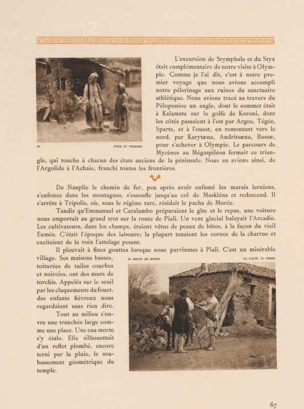 Woman and child in a village in Greece, Four et Tsiganes, page, photomechanical print, number: '66.', photographer: Frédéric Boissonnas, Greece, cliché maker: Meisenbach, Riffarth & Cie., Berlin, c. 1905 - in or before 1910, paper, collotype, photoprint, height 80 mm x width 100 mm, Photo on page 67., adult woman, child, A page from a printed book showing two rectangular black-and-white photographs of rural scenes embedded among columns of printed paragraphs; the top photograph on the left depicts two people standing outdoors near a rustic structure with a rounded opening and rough walls, one taller figure wearing layered garments and a head covering and the other shorter figure also wearing a head covering and a dress, with a large pole or stick leaning nearby and a bucket on the ground; the lower right photograph shows two people standing beside a small pack animal in front of a stone building with a tiled roof, one person facing away wearing a vest and skirt and the other holding a ...
