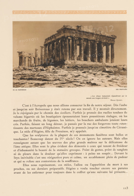 Propylaea on the Acropolis of Athens, Le Parthénon, des Propylées, page, photomechanical print, number: '101.', photographer: Frédéric Boissonnas, Akropolis, cliché maker: Meisenbach, Riffarth & Cie., Berlin, c. 1905 - in or before 1910, Athens, Periféreia Protevoúsis, paper, collotype, photoprint, height 130 mm x width 225 mm, Photo on page 113., landscape with ruins, temple, shrine, Greek religion, Acropolis, Propylaea (Athens), A sepia-toned photograph of an ancient stone temple with tall fluted columns supporting a partially ruined entablature sits centered near the top of a page, with scattered stone blocks and rough rocky ground in front of it; the image is surrounded by a wide pale margin and a decorative horizontal border near the top of the page, while blocks of printed text occupy the lower portion of the page.