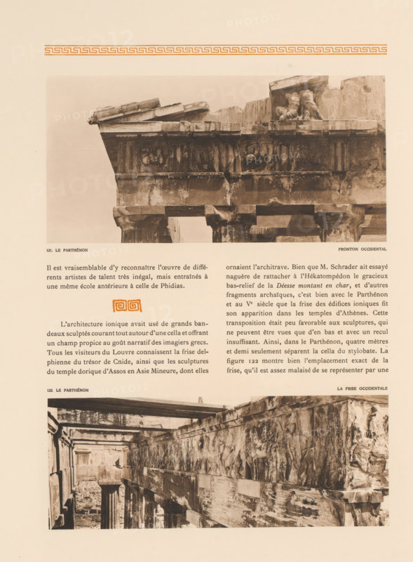 Western pediment of the Parthenon, Le Parthénon, fronton occidentale, page, photomechanical print, number: '121.', photographer: Frédéric Boissonnas, Akropolis, cliché maker: Meisenbach, Riffarth & Cie., Berlin, c. 1905 - in or before 1910, Athens, Periféreia Protevoúsis, paper, collotype, photoprint, height 110 mm x width 224 mm, Photo on page 147., sculpture, Parthenon, A sepia-toned page showing two photographic images of an ancient stone structure separated by a block of printed paragraphs; the upper photograph is a close-up of a ruined classical entablature with weathered stone blocks, carved relief fragments, and broken cornices, set against a pale sky, while the lower photograph is a perspective view along a long colonnade with worn stone walls and columns, showing textured surfaces, shadows, and architectural details; decorative border motifs appear near the top and a small ornamental square mark sits between the text blocks.