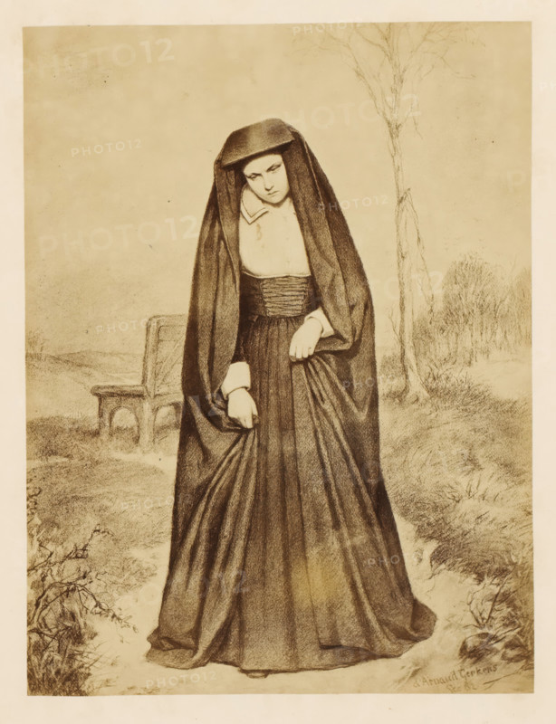 Photo reproduction of a drawing of a widow by Johannes Christiaan d'Arnaud Gerkens, photograph, reproduction, page, photographer: Maria Hille, after drawing by Johannes Christiaan d' Arnaud Gerkens, c. 1858 - in or before 1863, Maria Hille, Johannes Christiaan d' Arnaud Gerkens, photographer, after drawing by, paper, albumen print, height 232 mm x width 175 mm, widow, A monochrome drawing of a woman standing outdoors wearing a long dark robe and a head covering that drapes over her shoulders, with a visible lighter collar at her neck and cuffs at her wrists; her hands hold folds of her skirt and one arm rests slightly across her waist. Behind her is a simple bench partially visible to one side and a slender leafless tree trunk rising nearby, with low grassy and bushy vegetation on the ground around her. The background is an open, lightly shaded sky and distant landscape.