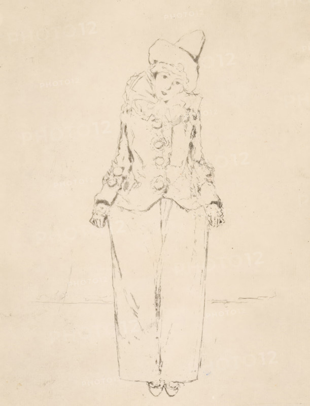 Pierrot and Pied, Portrait of Lady Archibald Campbell, print, printmaker: Théodore Roussel (signed by artist), 1888, paper, etching, height 248 mm x width 189 mm, Person, Janey Sevilla Callander, historical persons - BB - woman, types in 'commedia dell'arte': Pierrot, A pencil sketch on a light beige background of a standing figure wearing a wide, rounded hat and a fur-trimmed coat with large buttons and decorative cuffs, the figure's face showing soft features and an upward gaze, hands at the sides with gloves, a long straight skirt extending downward to visible shoes at the bottom, and faint horizontal lines behind the figure.