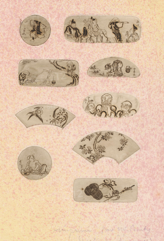 Nine Japanese motifs, possibly fans, print, annotation: 'imprimé pour m. Burty, Spécimen d'impression, Guerard', printmaker: Henri Charles Guérard, dedicated by: Henri Charles Guérard, dedicated to: Philippe Burty, 1856 - 1897, Henri Charles Guérard, Philippe Burty, printmaker, paper, etching, intaglio printmaking technique, etching with plate tone, printed from nine plates on red and yellow colored paper, height 233 mm x width 165 mm, fan, song-birds: swallow, A pale pink mottled background with a vertical arrangement of eleven small pale panels in various rounded shapes, each panel containing fine dark ink drawings; at the top left a small round panel shows a seated figure in loose clothing with one arm raised, and near it a small round spot of ink; to the right a long rounded rectangle panel depicts several standing and seated figures in robes, one with a tall hat and another pointing; below left a wide rounded rectangle shows a figure bending over a low structure with a gnarled tre...