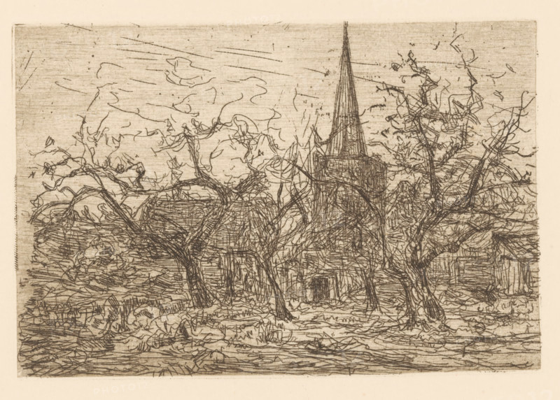 Village church behind trees (original title), print, printmaker: Floris Verster, 1888, paper, etching, drypoint, intaglio printmaking technique, height 120 mm x width 177 mm, church (exterior), village, A sepia-toned etching showing a landscape with a tall pointed church steeple rising behind a cluster of bare, twisted tree trunks and branches, the scene rendered in dense, scratchy lines and cross-hatching that form textured ground, foliage, and a sky with wispy cloud-like marks.