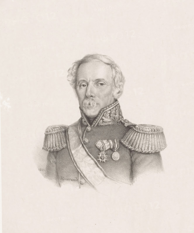 Portrait of unknown soldier, print, Possibly Arbin., inscription: '4a, 10-9-'75', printmaker: Christian Heinrich Gottlieb Steuerwald, Dordrecht, 1845, Christian Heinrich Gottlieb Steuerwald, printmaker, paper, chine collé, lithography, lithography on chine collé, height 428 mm x width 297 mm, anonymous historical person depicted, A pencil portrait of an older man shown from the chest up wearing a decorated military uniform with ornate braided shoulder epaulettes and a high collar with embroidered detailing; he has wavy hair, a mustache, and a neutral expression, with a sash across his chest and several medals pinned to his jacket.