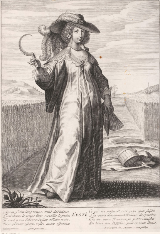 L'Estè, Summer, Personifications of the Four Seasons, print, printmaker: Jean Couvay, France, after drawing by Grégoire Huret, publisher: Pierre Mariette (I), Paris, 1632 - 1657, Jean Couvay, Grégoire Huret, Pierre Mariette (I), unknown, printmaker, after drawing by, publisher, grantor of privilege, paper, engraving, height 306 mm x width 212 mm, Part of a four-part series with personifications of the four seasons. Spring and summer were created by Couvay. Autumn and winter are manufactured by Rousselet., summer, 'Aestas', 'Estate' (Ripa), agricultural implements: sickle, year divided into four seasons, cereal, grain, corn (grass with grains, grown for food, eg: wheat, rice, rye, oats, maize, buckwheat, millet), A woman stands in a field wearing a wide-brimmed hat adorned with large feathers and a decorative brooch, with curled hair visible beneath the hat; she wears a long flowing gown with a cloak draped over her shoulders, a lace neckline, a necklace, and a decorative pendant at her...