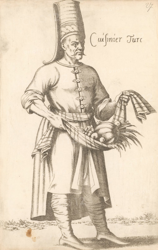 Cuisinier Turc, Turkish chef, print, album cover, book illustration, Print is part of an album., printmaker: Léon Davent, after drawing by Luca Penni (attributed to), after drawing by Nicolas de Nicolay (possibly), publisher: Guillaume Rouille (I), Lyon, 1555 - 1568, Léon Davet, Attributed to, paper, etching, pasted on album page, height 270 mm x width 172 mm, A standing man wearing a tall, cylindrical hat with a curved back and a long robe with rolled sleeves is shown in a detailed line drawing; he has a mustache and a short beard and a sash at his waist, and he holds a cloth or basket filled with various fruits and a striped fabric in one hand while the other hand supports the cloth, with his legs wrapped in layered garments and pointed shoes visible against a simple ground.