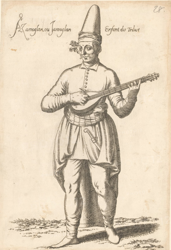 Guitar-playing 'Azamoglan' or 'Jamoglan', Azamoglan ou Jamoglan enfant du tribut, print, album page, book illustration, with a flower behind his ears. Print is part of an album., printmaker: Léon Davent, after drawing by Luca Penni (attributed to), after drawing by Nicolas de Nicolay (possibly), publisher: Guillaume Rouille (I), Lyon, 1555 - 1568, Attributed to, paper, etching, pasted on album page, height 254 mm x width 175 mm, A standing figure wearing a tall pointed hat and a buttoned tunic holds a stringed instrument across the body with one hand on the neck and the other plucking near the soundboard; a small branch with flowers is tucked behind one ear. The figure has a belt with draped cloth and a sheathed curved dagger at the waist, loose trousers tucked into fitted leg coverings, and simple shoes. The image is a monochrome line drawing on aged paper with visible shading lines and minimal background showing ground texture beneath the feet.