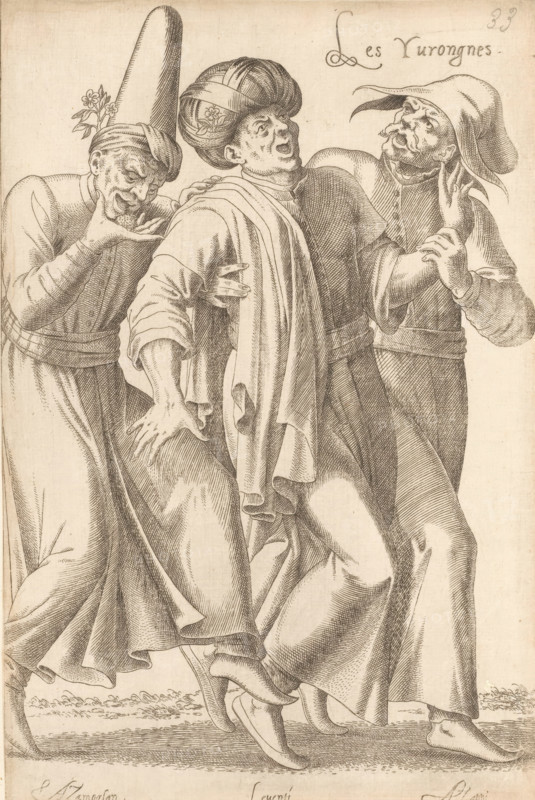 Les Yurongnes. Azamoglan Leventi Azappi, Three 'yurongnes' (Christians converted to Islam), print, album page, book illustration, Print is part of an album., printmaker: Léon Davent, after drawing by Luca Penni (attributed to), after drawing by Nicolas de Nicolay (possibly), publisher: Guillaume Rouille (I), Lyon, 1555 - 1568, Attributed to, paper, etching, mounted on album page, height 268 mm x width 177 mm, Three full-length figures stand closely together wearing flowing robes and head coverings, their garments shown with detailed folds and crosshatching. The central figure faces slightly upward with a turban-like headwrap decorated with a small floral motif, one arm across the body and a draped cloak falling over the shoulder and down the front. A figure on the left leans in, wearing a tall pointed hat with a sprig of small flowers tucked behind it and holding a hand to the chin while peering toward the center figure. The figure on the right wears a soft brimmed hat and has a hand r...