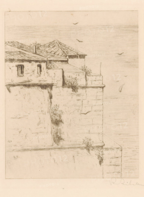 Le vieux fort Turc (Alger) (original title), Old Turkish fort in Algiers, print, printmaker: Philip Zilcken (signed by artist), 1890 - 1930, paper, drypoint, intaglio printmaking technique, height 163 mm x width 129 mm, fortress, North Africa, Algiers, A sepia-toned sketch shows a stone building facade with weathered walls, small rectangular windows, and tiled rooflines. Vegetation grows from cracks and ledges along the structure, with tufts of plants visible at different heights. Horizontal lines across the upper part of the image suggest a calm water surface or distant horizon. Several small birds are sketched in the sky and over the water, and a small sail is visible on the water near the right edge. The drawing is bordered by a light frame and has faint signs of aging and pencil shading.