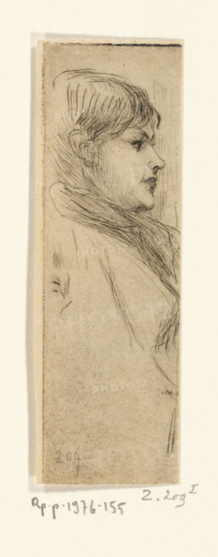 Portrait of a woman, Croquis de mendiante (original title), print, printmaker: Philip Zilcken, 1890 - 1930, paper, etching, intaglio printmaking technique, zinc etching with plate tone, height 108 mm x width 36 mm, historical persons, adult woman, beggar, A narrow vertical sketch on a light rectangular sheet shows a side profile of a person facing right, rendered in fine, delicate pencil or ink lines; the head features short hair with visible strokes indicating texture, a defined ear, closed eye with lashes, a straight nose, and slightly parted lips. The figure wears a high, textured collar or scarf drawn with overlapping, wispy lines that extend downward, and faint sketch marks and stray lines appear around the head and shoulder area. The paper has a slightly aged, beige tone with subtle smudging and uneven shading, and a thin border separates the central sketch area from a lighter surrounding margin.