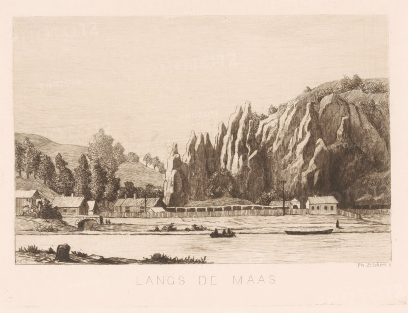 Langs de Maas (original title on object), Environs de Namur (original title), print, printmaker: Philip Zilcken, after design by Benoit Taurel, 1867 - 1890, paper, etching, drypoint, intaglio printmaking technique, height 147 mm x width 197 mm, river, rocks, Namur (city), Maas, A wide horizontal etching shows a riverside scene with a body of water in the foreground and a long strip of land behind it where small buildings and a fence line run along the shore, a bridge arching over a water channel near the left side, boats with figures floating on the river, a low grassy bank with scattered vegetation at the near edge, a cluster of trees rising behind the buildings, and tall jagged rock formations and a tree-covered hill dominating the right side under a broad, lightly textured sky.