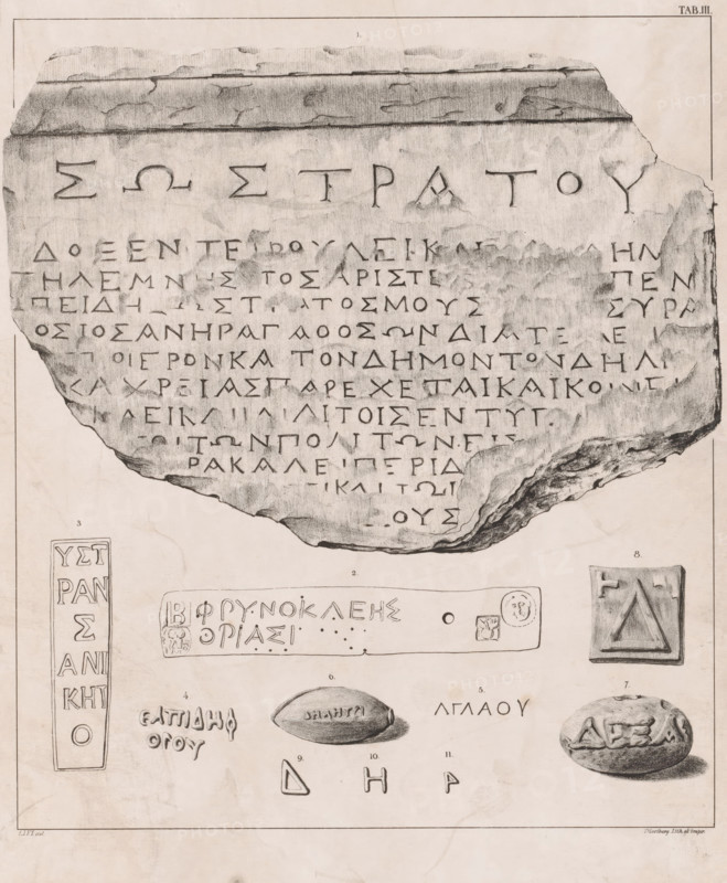 Greek inscriptions on stones, print, Series number, 3, One large and three smaller stones with inscriptions. Also transcriptions of text. Numbered top right Tab. III, printmaker: Tiemen Hooiberg, Leiden, after design by LIFI, 1819 - 1897, printer (person), paper, lithography, lithografie, height 300 mm x width 235 mm, Greek script, excavation, archaeology (collection, exhibition, results of research), A large irregular stone fragment with chiseled letters across its surface dominates the upper portion, showing weathered edges and shading that suggests surface texture and depth, with smaller drawn artifacts arranged below including a vertical rectangular tablet with inset markings, a long narrow strip with carved symbols and small decorative motifs, a triangular framed relief, an oval bead or amulet rendered with shading, a worn rounded token with incised characters, and several isolated geometric letterlike shapes, all depicted on a pale background with faint border lines and subtle pe...