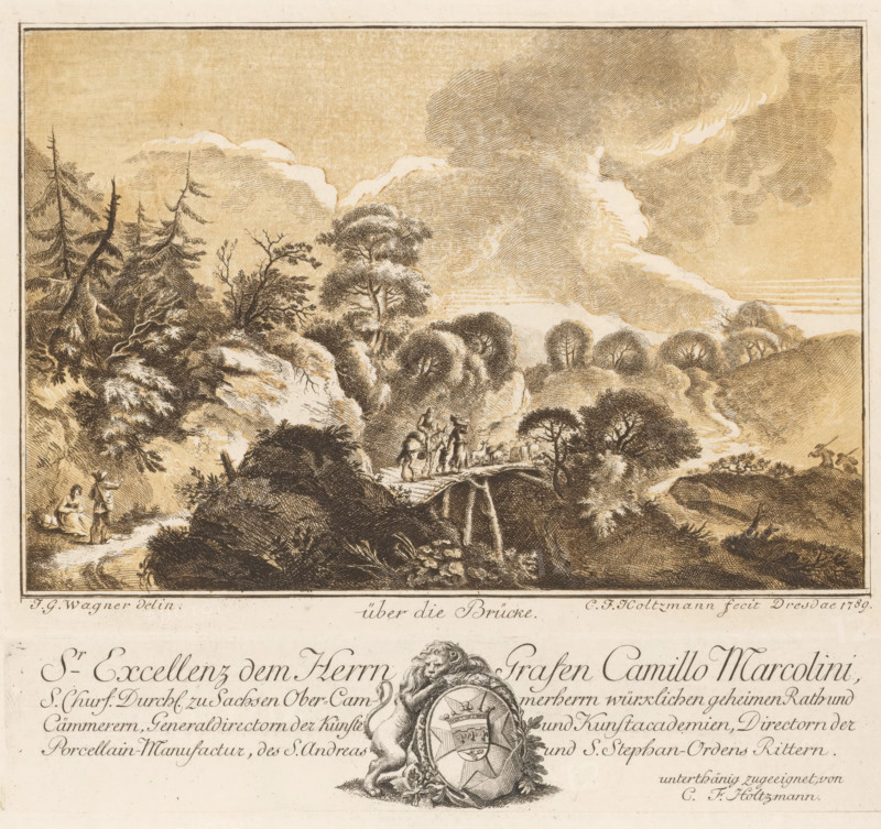 over the Bridge, Hilly landscape with shepherds over a bridge, print, album page, Text in German in the lower margin. Print is part of an album., printmaker: Carl Friedrich Holtzmann, Dresden, after design by Johann Georg Wagner, dedicated to: Camillo Count Marcolini, 1789, Saxony, paper, etching, intaglio printmaking technique, etching with plate tone, printed in brown and black, printed from two plates, height 144 mm x width 199 mm x height 40 mm x width 198 mm, landscape with bridge, viaduct or aqueduct, low hill country (landscape with figures, staffage), A sepia-toned engraved landscape framed by a narrow border shows a rugged scene with rolling hills, clusters of trees with dense foliage, and tall slender coniferous trees along a steep slope; a winding dirt path crosses a small arched stone bridge over a rocky stream, where several tiny human figures and pack animals are positioned on and near the bridge; on a lower path a seated figure and a standing figure with an upraised arm ...