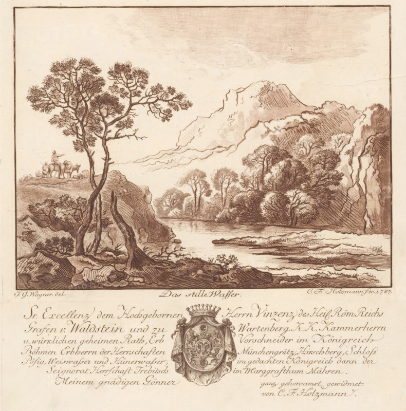 Mountain landscape with a river, Das stille Wasser, print, album page, Text in German in the lower margin. Print is part of an album., printmaker: Carl Friedrich Holtzmann, Dresden, after design by Johann Georg Wagner, dedicated to: Johan Vincent Ferrer Waldstein-Wartenberg, 1787, Saxony, paper, etching, intaglio printmaking technique, etching with plate tone, printed in brown and black, printed from two plates, height 145 mm x width 195 mm x height 55 mm x width 196 mm, 'en route', traveller under way, river bank, (high) hill (landscape with figures, staffage), A sepia-toned landscape engraving showing a river or still water stretching across the middle ground with reflections, flanked by rocky banks and clusters of trees of varying sizes and densities; in the foreground on the left a pair of tall, gnarled trees with exposed roots stand on a rocky promontory, while a small group of figures with pack animals is visible near the edge of the promontory; distant hills and a larger mountai...