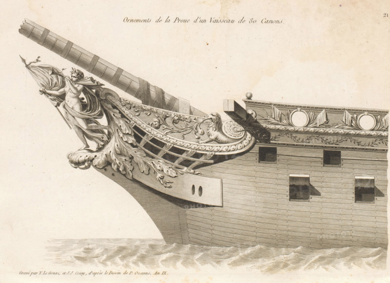 Prow and figurehead of a sailing ship, Ornements de la proue d'un vaisseau de 80 canons, Bow ornaments of various vessels, Ornements de la proue de différents vaisseaux, print, album page, ornament print, Series number, 21, 24, This print is part of a album., printmaker: Joseph Coiny, printmaker: Yves Marie Le Gouaz, after drawing by Pierre Ozanne, 1800 - 1801, Joseph Coiny, Yves Marie Le Gouaz, Pierre Ozanne, printmaker, after drawing by, paper, etching, engraving, etching and engraving, cut off within the plate edge, mounted in an album, height 232 mm x width 325 mm, sailing-ship, sailing boat, parts of ship's exterior: bow, A detailed black and white engraving of a ship's bow with ornate carved figurehead and decorative prow elements, showing a draped female figure holding a pole and flowing fabric, a carved lion motif integrated into scrolling acanthus leaves and shell-like forms, a horizontal beamed bowsprit extending diagonally, sculpted rail and trim with circular medallion fram...