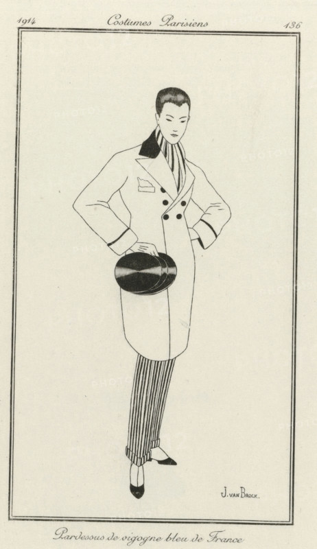 Journal des Dames et des Modes, Costumes Parisiens, 1914, No. 136 : Pardessus de vigogna, fashion print, Man dressed in a pardessus of blue vigogna wool over striped trousers. Top hat in hand. Proof print of a print from the fashion magazine Journal des Dames et des Modes (1912-1914)., caption: 'Pardessus de vigogne bleu de France', title: 'Costumes Parisiens', after drawing by Jan van Brock, printmaker, paper, engraving, proof, height 180 mm x width 110 mm, fashion plates, coat: overcoat (men's clothes), head-gear: top hat (men's clothes), trousers, breeches, etc. (PANTALON) (men's clothes), costume, Period, A tall, slender figure stands facing forward wearing a long double-breasted coat with a dark collar and dark buttons, one hand on the hip and the other holding a round, dark hat at hip level; a vertically striped scarf is wrapped around the neck and vertically striped trousers extend below the coat, ending above pointed shoes with contrasting dark toes, all rendered in fine, delic...