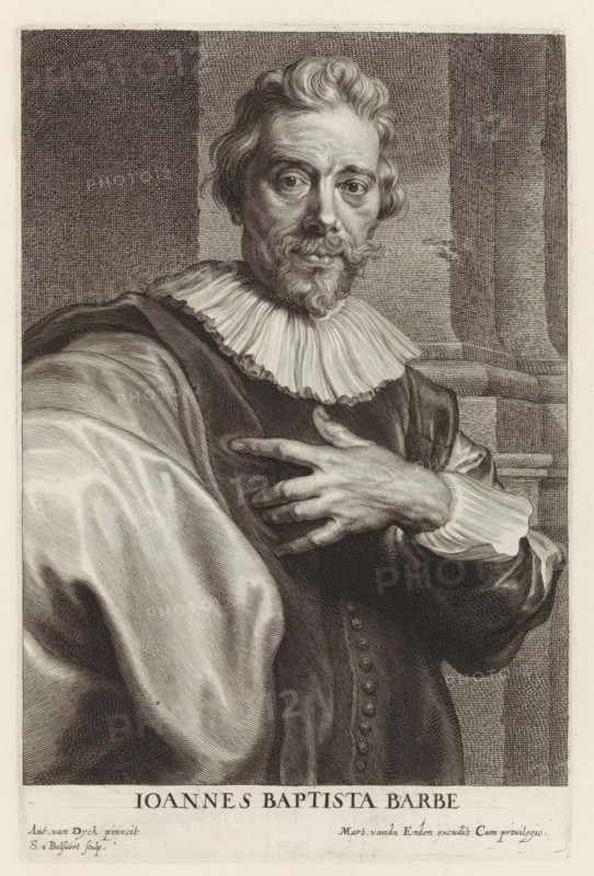 Portrait of engraver Jean Baptiste Barbé, Iconographie, Icones Principum Vivorum Doctorum Pictorum Chalcographorum Statuariorum nec non Amatorum Pictoriae Artis Numero Centum ab Antonio van Dyck Pictore ad Vivum Expressae Eiusq: Sumptibus aeri incisae, print, album page, This print is part of an album., print maker: Schelte Adamsz. Bolswert, after painting by Anthony van Dyck, publisher: Gilles Hendricx, Antwerp, publisher: Martinus van den Enden (I), 1630 - 1641, 1645 - 1646, unknown, printmaker, provider of privilege, paper, engraving, gravure, height 244 mm x width 160 mm, Person, Jan-Baptist Barbé, portrait, self-portrait of graphic artist, A seated man shown from the waist up wearing a dark coat with decorative buttons and a light voluminous sleeve, a pleated ruff collar, and a draped cloak over one shoulder; he has wavy hair, a mustache and goatee, and a lined face with a solemn expression while one hand rests on his chest and the other arm is bent across his body; the background...